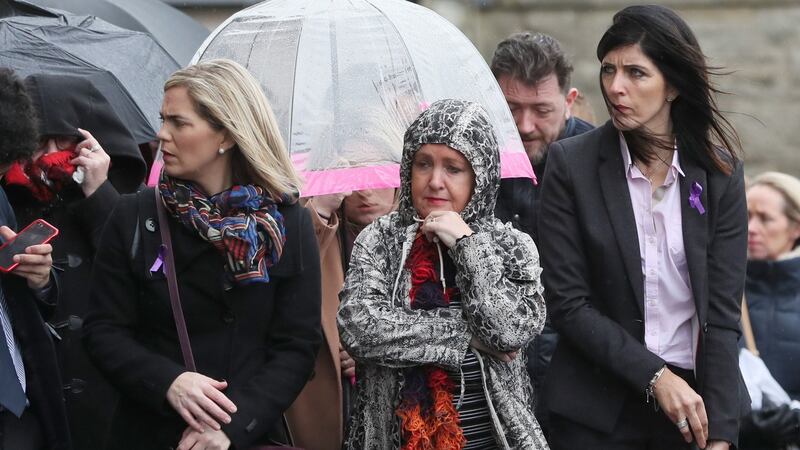 Catherine McHugh (right), principal of St Patrick’s College, Dungannon at the funeral of Morgan Barnard. Photograph: Brian Lawless/PA