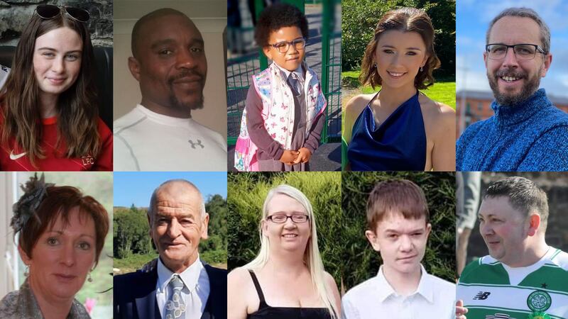 Creeslough victims: Leona Harper (14), Robert Garwe (50), Shauna Flanagan Garwe (5) Jessica Gallagher (24), and James O'Flaherty (48).  (Bottom row, left to right) Martina Martin (49), Hugh Kelly (59), Catherine O'Donnell (39), her son James Monaghan (13), and Martin McGill (49) 