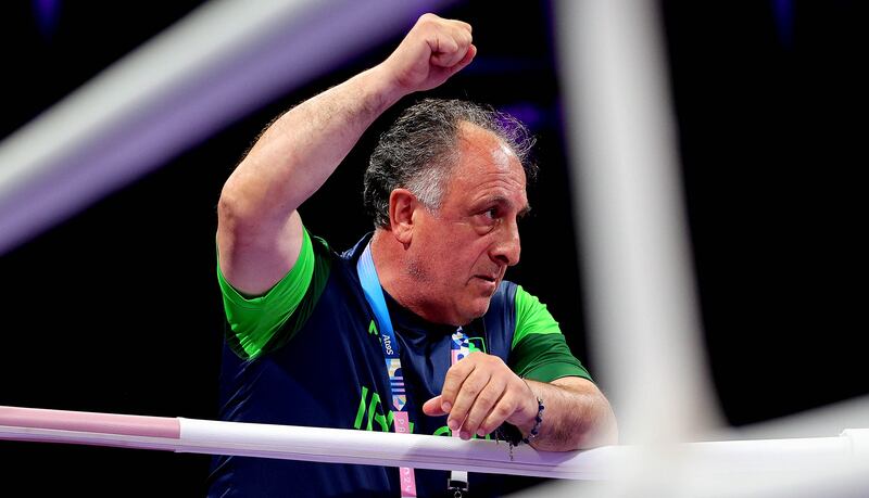 Ireland coach Zaur Antia signals from Daina Moorehouse's corner after her bout against Wassila Lkhadiri. Photograph: Ryan Byrne/Inpho