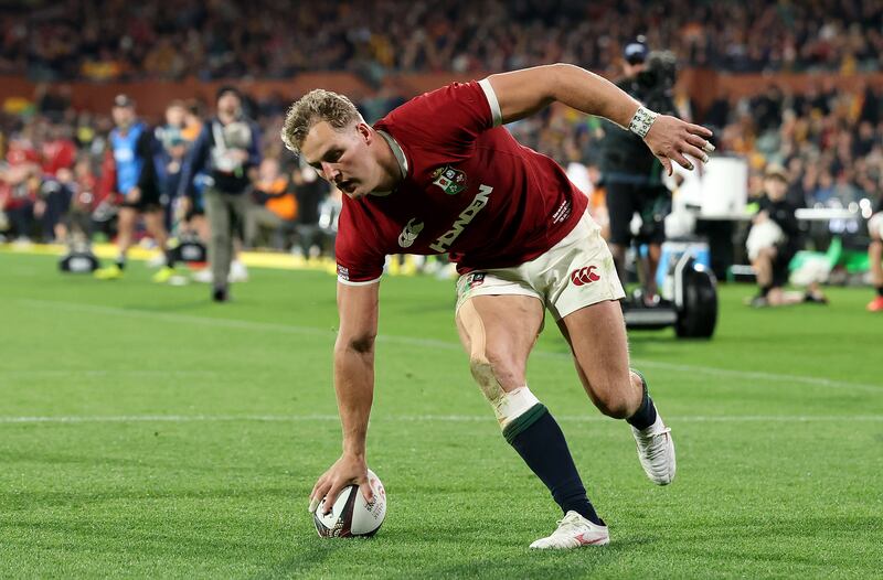Duhan van der Merwe of the British & Irish Lions scores his third and the Lions sixth try during the tour match. Photograph: David Rogers/Getty