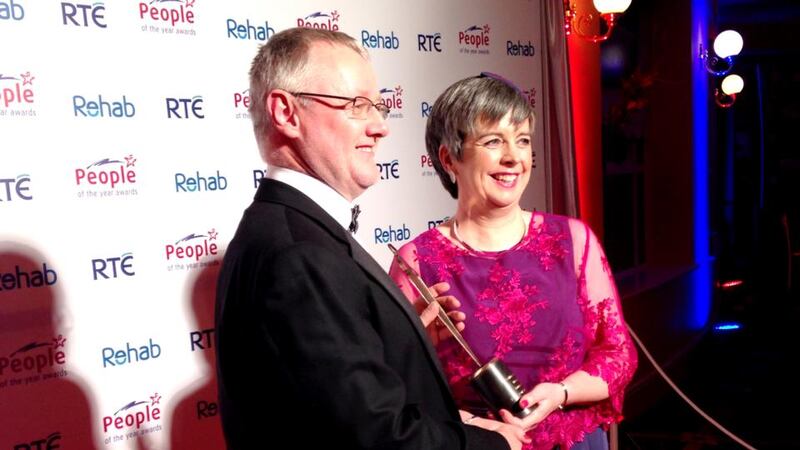 Abuse survivor Louise O’Keeffe with Sean Egan of Rehab at the Rehab People of the Year awards. Photograph: Zara Zhuang/The Irish Times