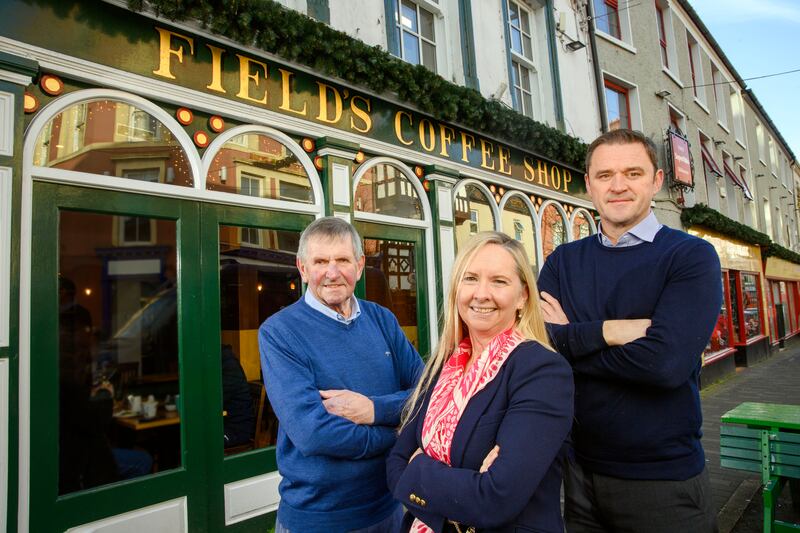 Owners John Field, Ruth Field and Adam Walsh outside the landmark shop and coffee house at Field's SuperValu, Skibbereen, Co. Cork.
Photograph: Daragh Mc Sweeney/Provision.