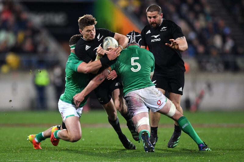 Beauden Barrett of the All Blacks is stopped in his tracks by determined Ireland tackling during the third Test at Sky Stadium in Wellington, New Zealand. Photograph: Joe Allison/Getty Images