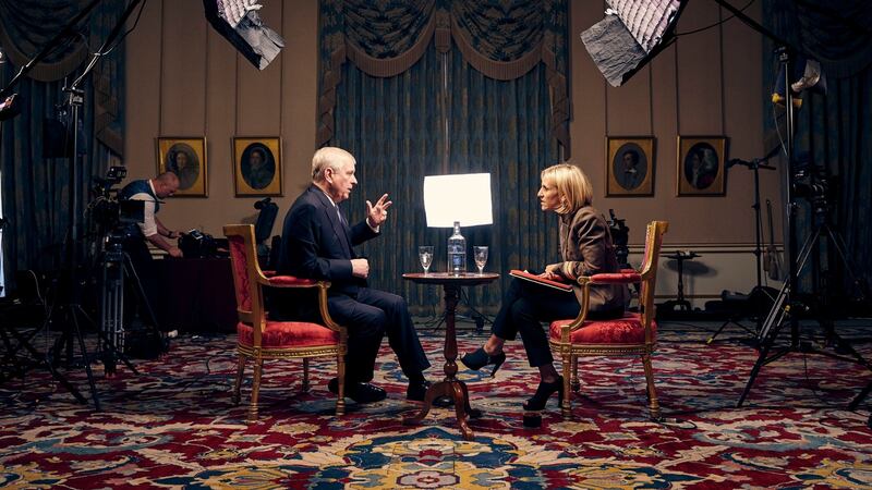 Prince Andew and Emily Maitlis at Buckingham Palace for last month’s Newsnight interview. Photograph: BBC