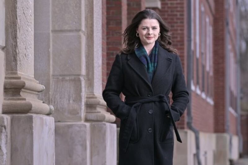 Mortell outside the Kennedy School of Government building at Harvard University where she is studying a master’s degree in public administration
