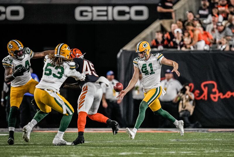 Daniel Whelan lines up a punt vs the Cincinnati Bengals during preseason. Photograph: Evan Siegle/Green Bay Packers