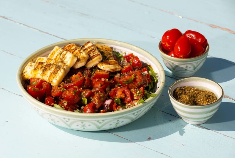 Cherry tomato salad with halloumi and za'atar. 