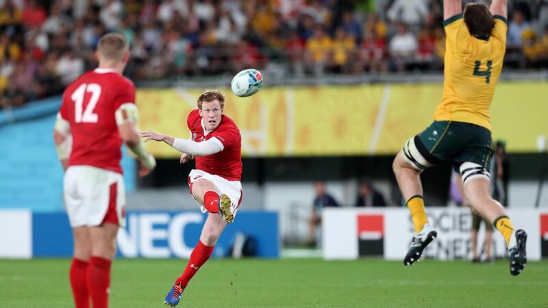 Rhys Patchell kicks a penalty for Wales against Australia. Photograph: Shaun Botterill/Getty
