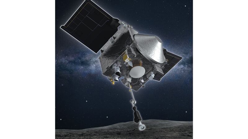 An artist’s rendering of the Osiris-Rex spacecraft descending towards asteroid Bennu to collect a sample of the asteroids surface. Photograph: Handout / University of Arizona/NASA Goddard Space Flight Center AFP