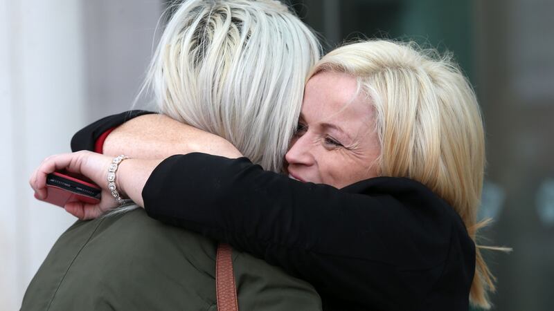 Leona O’Callaghan   hugs a supporter outside the Central Criminal Court  after Patrick O’ Dea (52) of Pike Avenue, Limerick, was jailed for rape. Photograph: Laura Hutton/Collins
