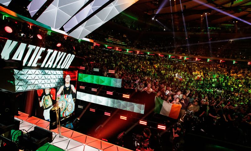 Katie Taylor makes her entrance to the fight at Madison Square Garden. Photograph: Gary Carr/Inpho