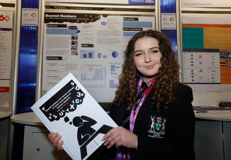 Philippa McIntosh, from Bandon Grammer Schook, Co Cork, with her project Beyond Numbers: The textual challenge of Junior Cycle maths for Dyslexic Students. Photograph: Alan Betson

