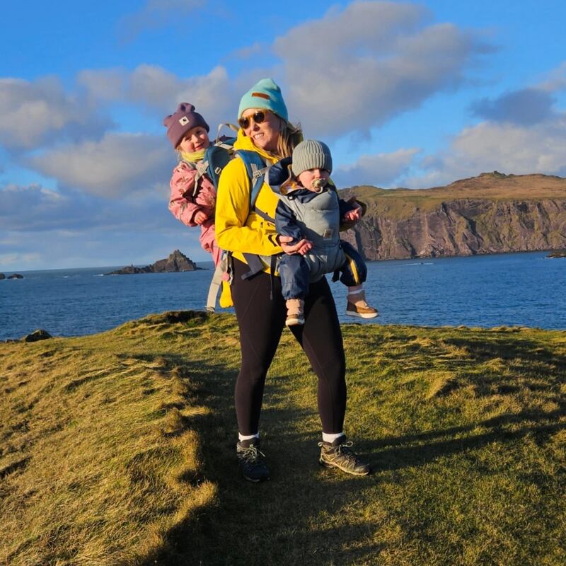 Gillian Ní Bhriain hiking with Freya Pip and Frankie