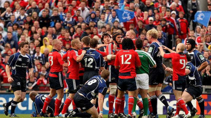 Munster’s Alan Quinlan and Leinster captain Leo Cullen square up to each other during the Heineken Cup semi-final at Croke Park in 2009. Quinlan was cited for eye-gouging. Photograph: James Crombie/Inpho