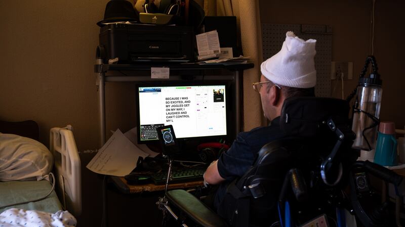 On a video call, Pancho communicates using a painstaking method involving a head-controlled mouse that he directs to type out letters one-by-one in Sonoma County, California, on July 5th, 2021. Photograph: Mike Kai Chen/The New York Times