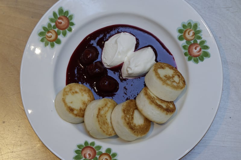 Syrnyk (cheesy pancakes with craft cherry sauce). Photograph: Nick Bradshaw