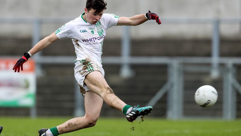 Rory O’Connor fires home a crucial goal for St Peter’s in the Hogan Cup semi-final win over  St Mary’s Magherafelt at Inniskeen Gratttan’s club in Inniskeen. Photograph: Tommy Dickson/Inpho