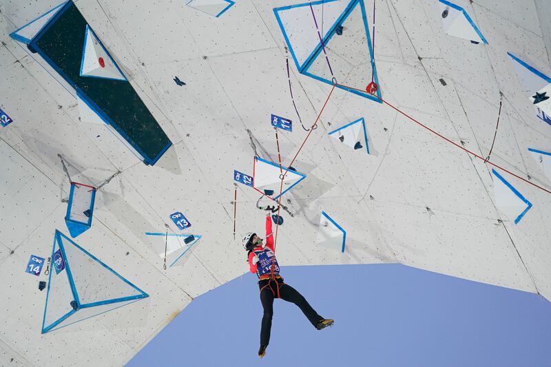 Ireland's Eimir Mcswiggan competeing in the women's Iead final at the 2020 UIAA Ice Climbing World Cup Qilianshan in Changchun, China. Photograph: Fred Lee/Getty Images