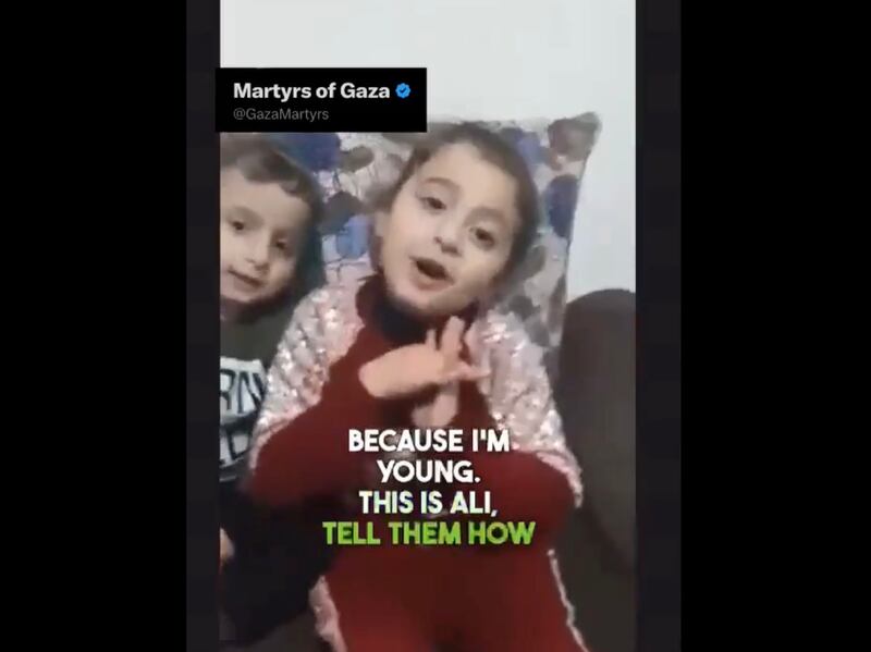 Ghina Al-Kurunz. Photograph is a screenshot of a video posted on X by @gazamartyrs