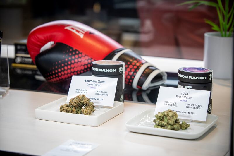Items on display from the Tyson Ranch brand of cannabis products, from former heavyweight champion and cannabis entrepreneur Mike Tyson. Photograph: Allen J. Schaben / Los Angeles Times via Getty