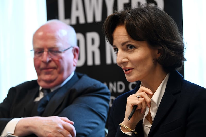 Michael McDowell (left) and Maria Steen at the  Lawyers for No launch during the 2024 referendum campaigns. Photograph: Bryan Meade/The Irish Times