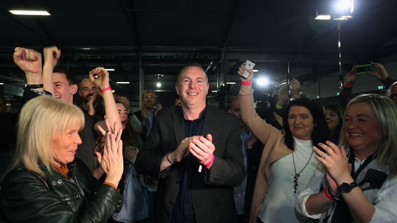 Sinn Féin’s Chris Hazzard celebrates at the Eikon Exhibition Centre in Lisburn. Photograph: Brian Lawless/PA