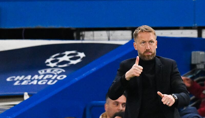 Chelsea's English head coach Graham Potter reacts during Champions League match against AC Milan at Stamford Bridge. Photograph: Glyn Kirk/AFP via Getty