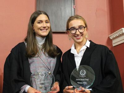 Winners of the LawSoc's Junior Mock Trial: Crea Shine and Natacha Byrne. Photographs: Jill Rothwell/Lauren Keane/Connor Missett