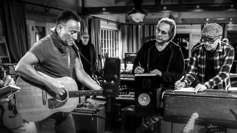 Bruce Springsteen and the E Street Band in his home studio in Colts Neck, New Jersey in November 2019. Photograph: Danny Clinch/Apple