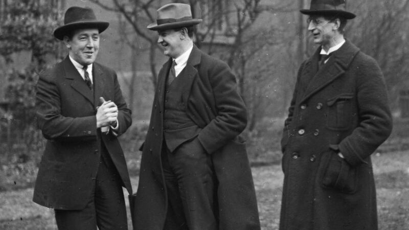 Dev the uptight neurotic (right) and Collins (centre) the mischievous funster, with Harry Boland, 1919