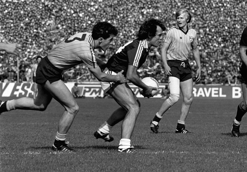 Dublin's Gerry Hargan puts pressure on Gay McManus of Galway during the 1983 All-Ireland final. Photograph: Billy Stickland/Inpho 