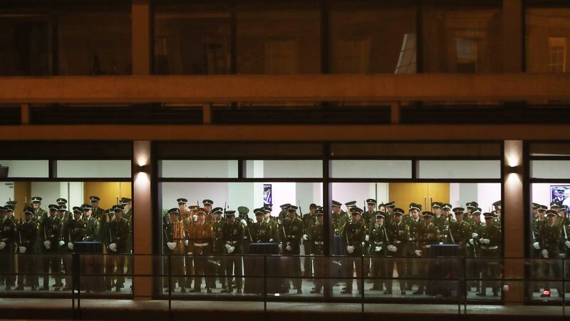 Members of the Defence Forces await the arrival of Michael D Higgins at Dublin Castle to be inaugurated. Photograph: Niall Carson/PA Wire
