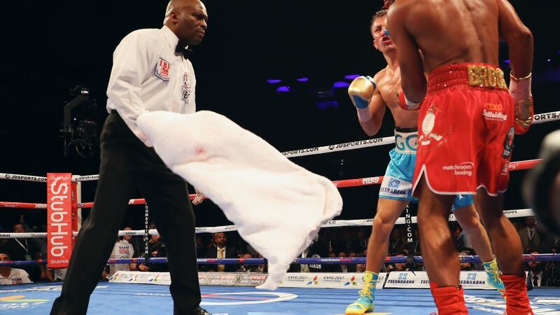 Kell Brook’s corner throw in the towel in the fifth round to end the fight against  Gennady Golovkin  at The O2 Arena. Photograph: Richard Heathcote/Getty Images