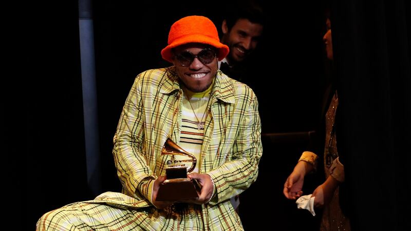 Anderson .Paak  with his Best Rap Performance award for Bubblin. Photograph:  Mario Anzuoni/Reuters