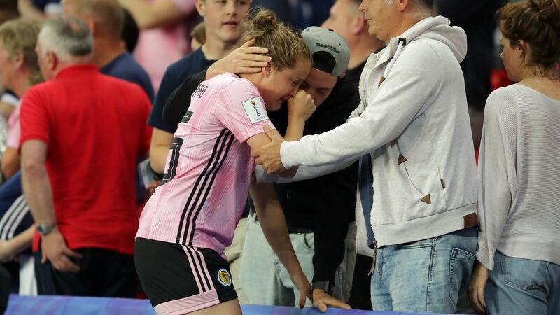 Scotland’s Sophie Howard is consoled after her side’s agonising draw with Argentina. Photograph: Richard Heathcote/Getty