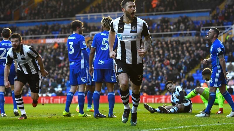 Daryl Murphy celebrates after scoring the opening goal against Birmingham City in the FA Cup third round match at St Andrews, Birmingham. Photograph: Getty Images