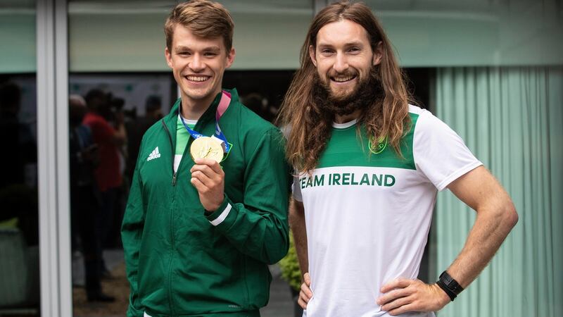 Paul O’Donovan (R) and Fintan McCarthy, from Skibbereen, Co Cork, at Dublin Airport following their return from the Olympics in Tokyo, Japan. Photograph: Damien Eagers/PA Wire