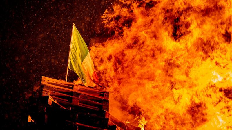 The Tricolour burning on the Tiger’s Bay bonfire in Belfast in the early hours of Monday morning. Photograph: Liam McBurney/PA Wire