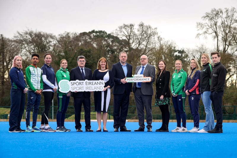Pictured at today’s announcement (L-R) Orla Comerford, Efrem Gidey, Sorrell Klatzko, Katie Mullan, Sport Ireland Chair John Foley, Sport Ireland CEO Dr Una May, Minister Thomas Byrne TD, Paul McDermott, Niamh O’Sullivan, Sarah Hawkshaw, Kathy Baker, Sanita Puspure, Paul O’Donovan. Photograph: Bryan Keane/Inpho