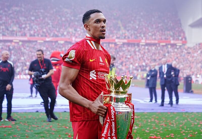 Trent Alexander-Arnold celebrates with the Premier League trophy when at Liverpool. Photograph: Peter Byrne/PA Wire