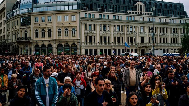 The faithful gather for Mass led by the pope on Knyaz Alexander I square in Sofia. Photograph: Getty