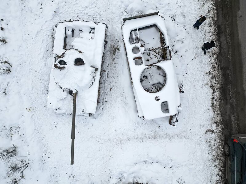Destroyed Russian tanks outside Bucha, Ukraine, in December. Photograph: Jeff J Mitchell/Getty Images