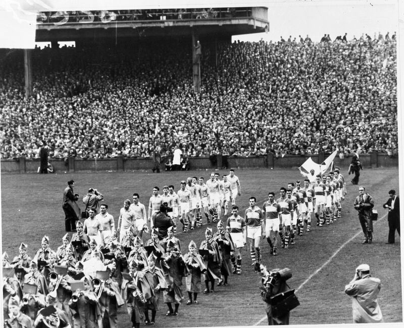 Dublin and Derry players in the All-Ireland football final September 1958. Photograph: Independent News and Media/Getty Images