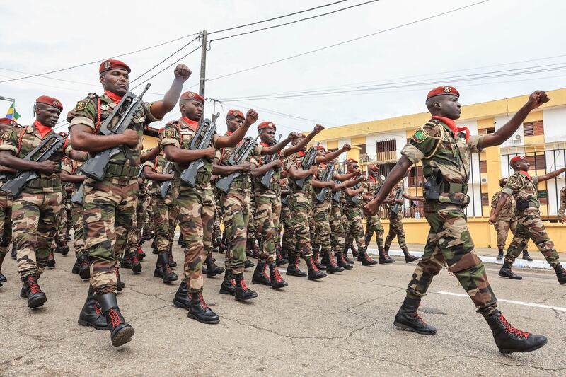 Members of the military parade in honour of Gen Brice Oligui Nguema at his inauguration as Gabon's interim president in Libreville in Monday. Photograph: AFP via Getty Images