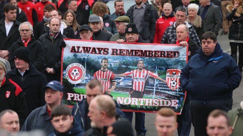 Mourners at the funeral of Derry City football captain Ryan McBride. Photograph: Niall Carson/PA Wire