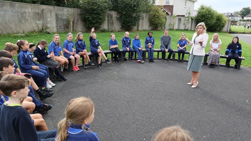 Dr Kathryn Corbett with pupils of Bishop Galvin National School, Templeogue, Dublin. Photograph: Nick Bradshaw .