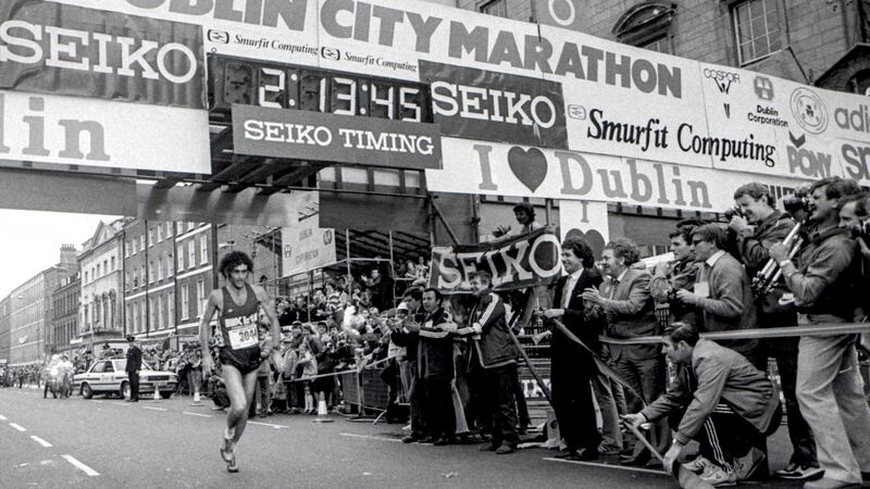 Jerry Kiernan crosses the line to win the Dublin City Marathon in 1982. Photograph: Billy Stickland/Inpho