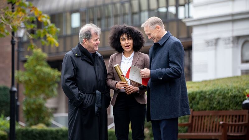 JP McManus, awards sponsor, and scholarship recipient Sarah O’Callaghan from Derry  with  guest of honour at the awards ceremony Joe Schmidt. Photograph: Alan Place