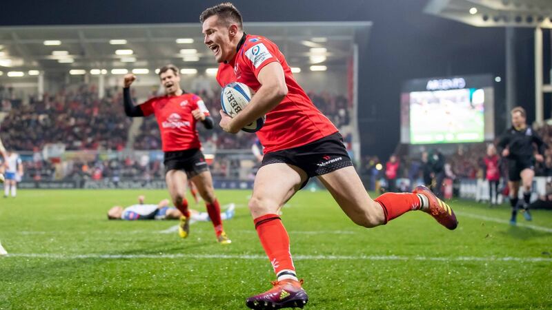 Jacob Stockdale crosses to score for Ulster against the Scarlets. Photograph: Morgan Treacy/Inpho