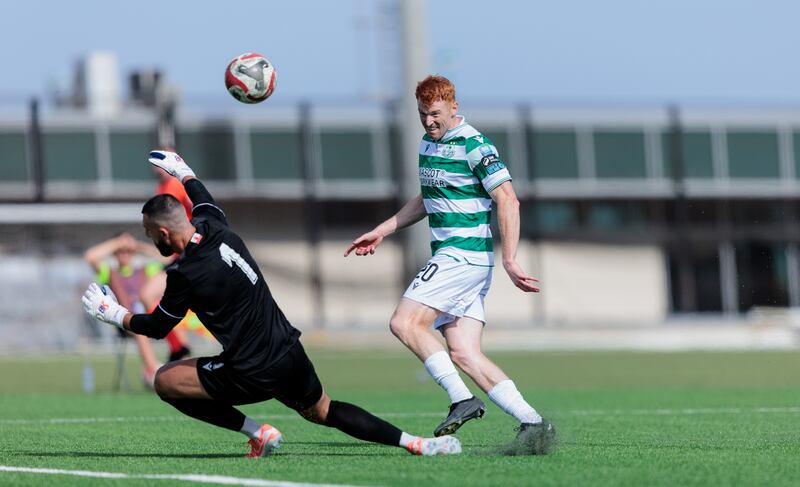 Rory Gaffney scores Shamrock Rovers' first goal. Photograph: Martin Seras Lima/Inpho
